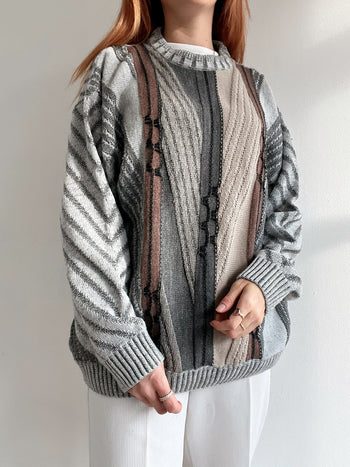 Pull vintage en laine gris et beige  M