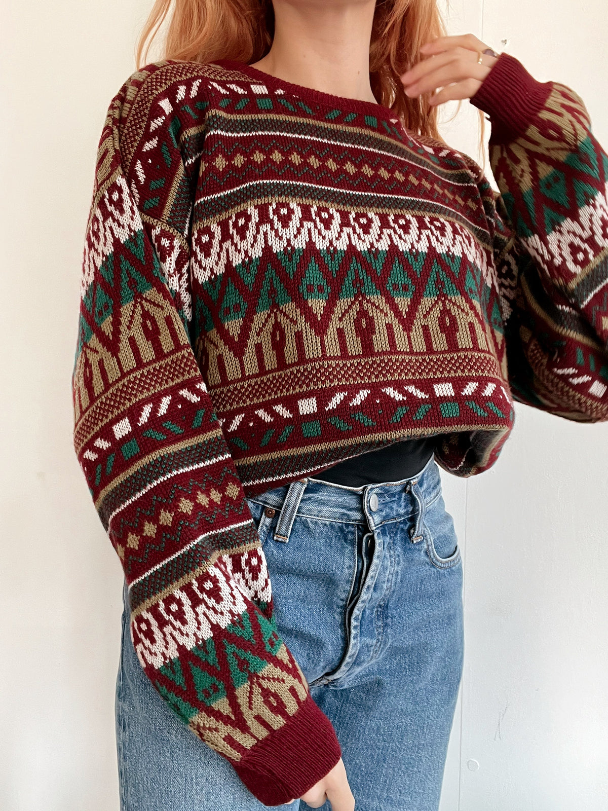 Pull vintage en laine rouge foncé à motifs XL