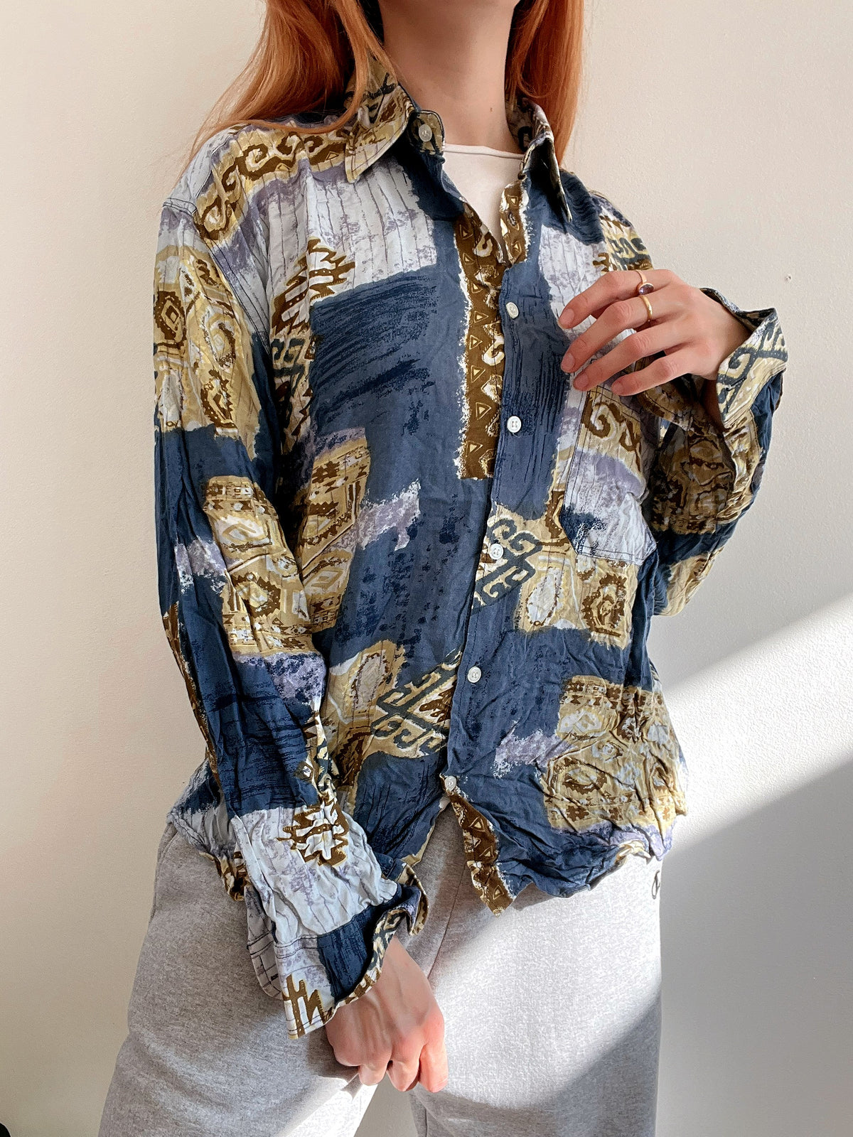 Chemise Vintage 80/90s bleue foncée  à motifs XL