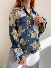 Chemise Vintage 80/90s bleue foncée  à motifs XL