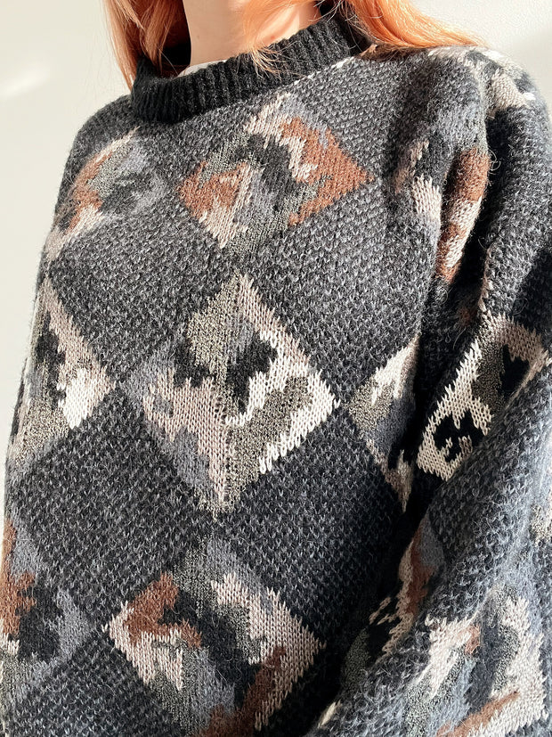 Pull vintage en laine gris foncé  à motifs