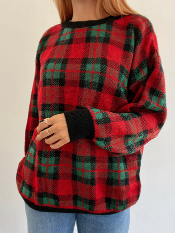 Pull vintage en laine rouge et vert