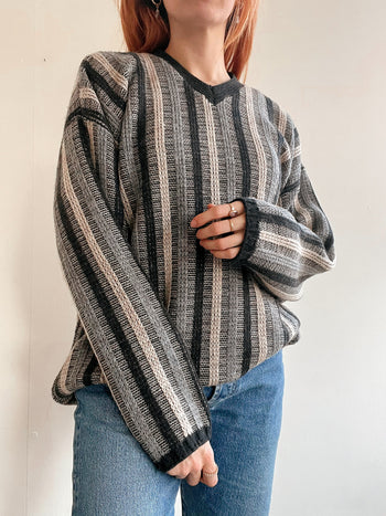 Pull vintage en maille  gris à rayures M