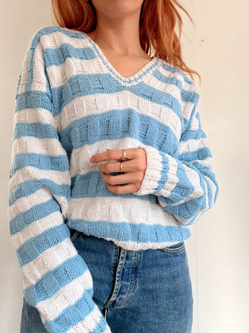 Pull vintage en maille bleu clair et blanc M/L