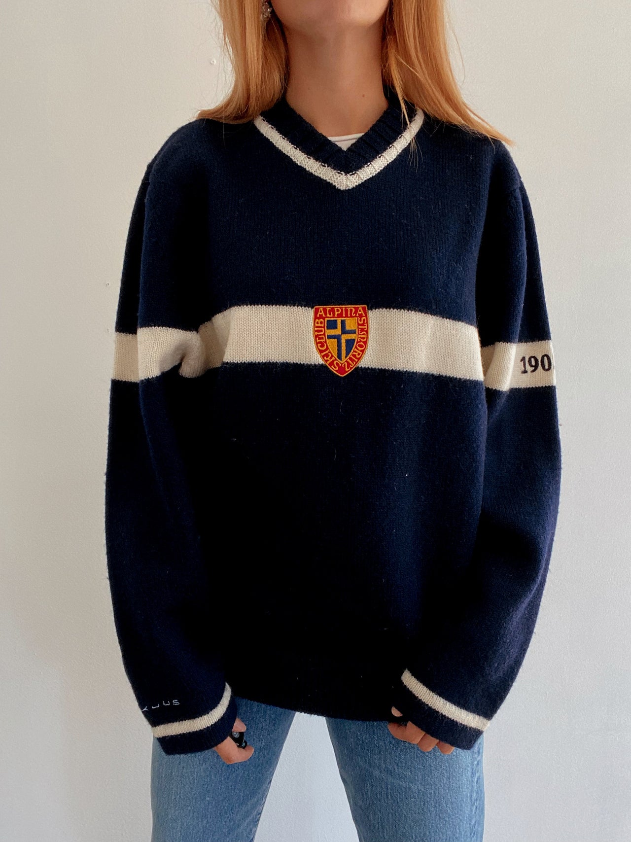 Pull vintage en laine bleu foncé  L