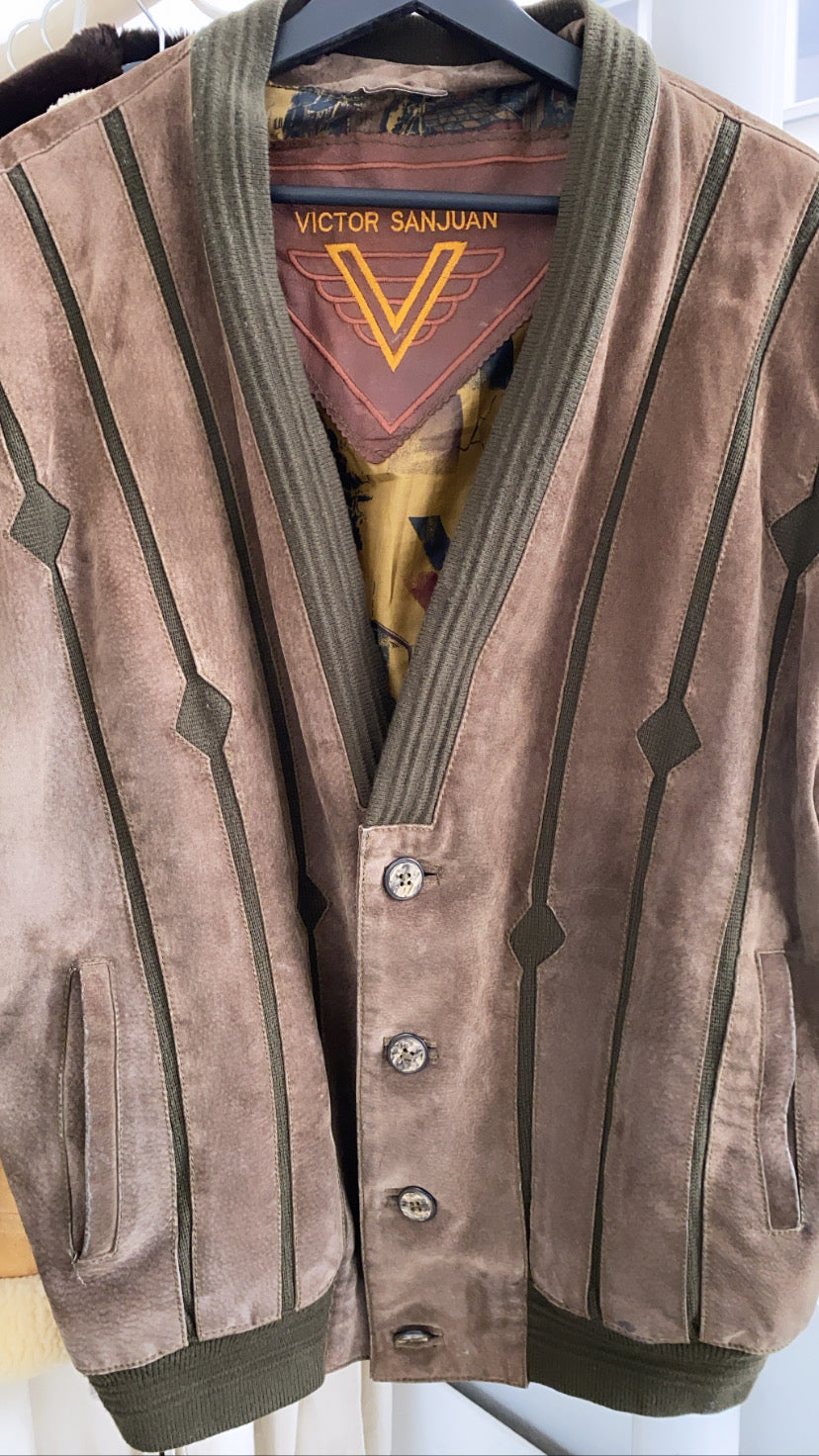 Vest en daim brun et khaki oversized col en V L