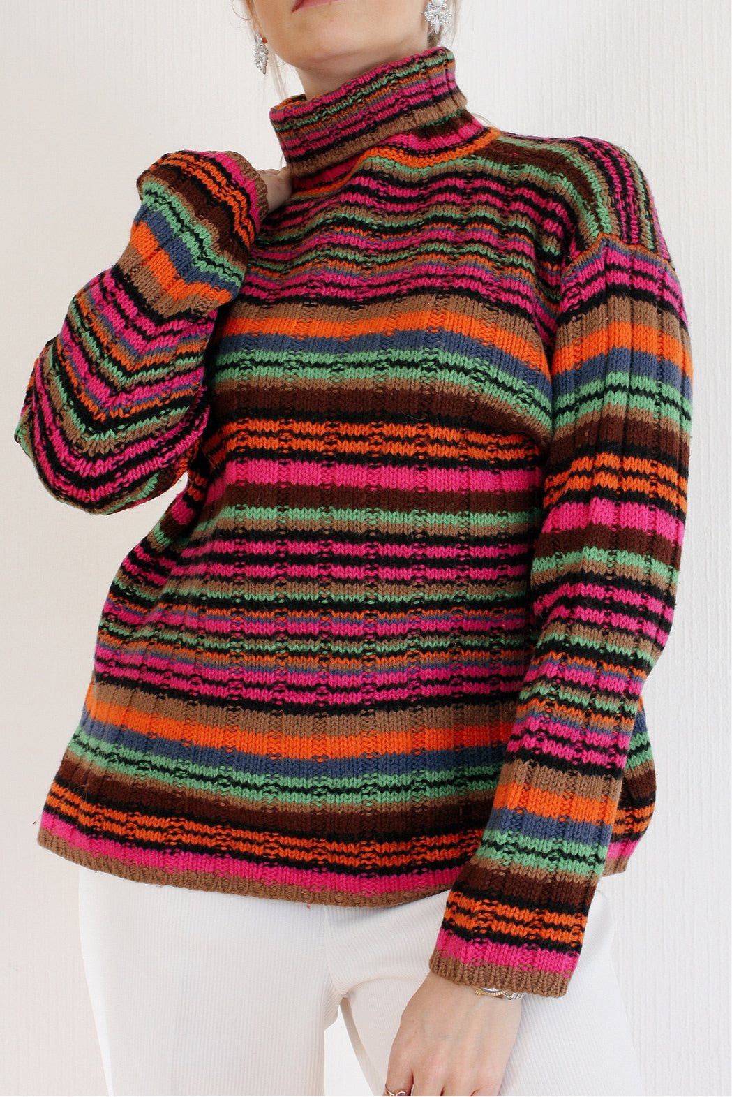 70er Jahre mehrfarbiger Wollpullover S/M