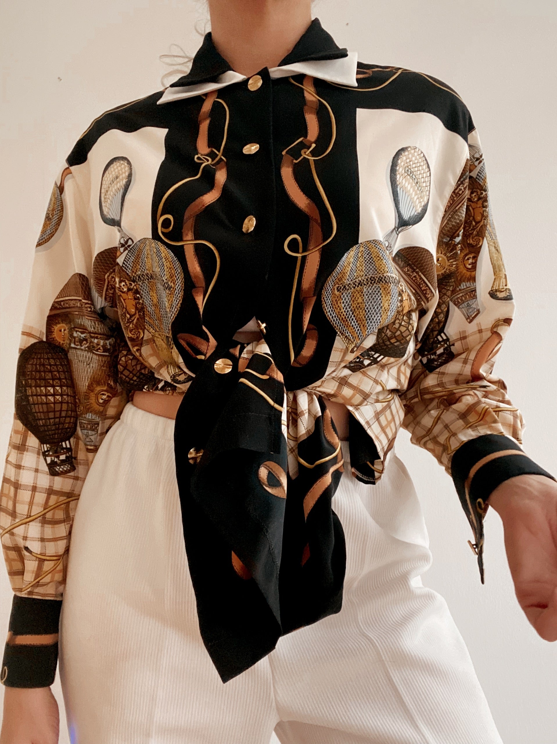 Chemise Vintage 80/90s à motifs montgolfières beiges/noirs