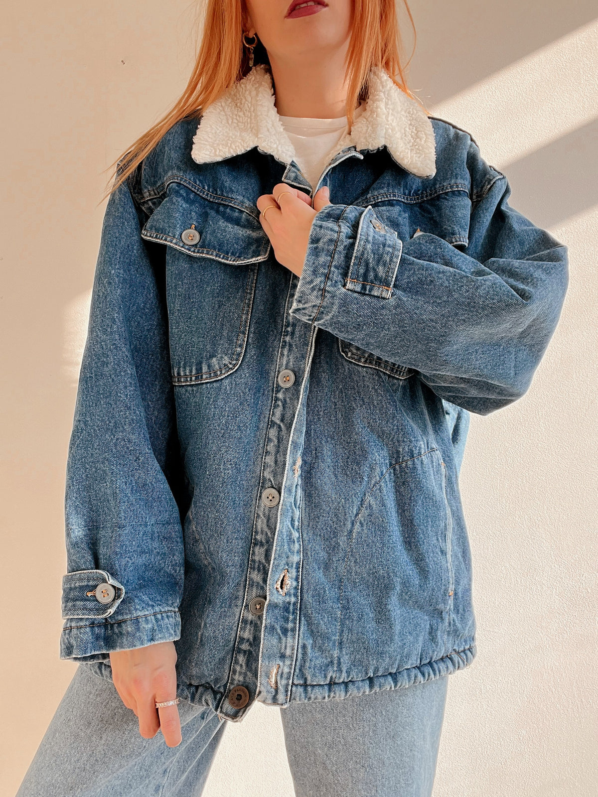 Veste en jeans vintage bleue intérieur mouton L