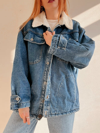 Vintage blaue Jeansjacke mit Schaffell-Innenseite L