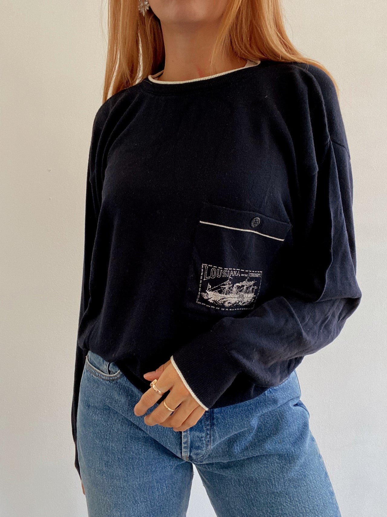 Pull vintage en laine bleu foncé Louisiana M/L