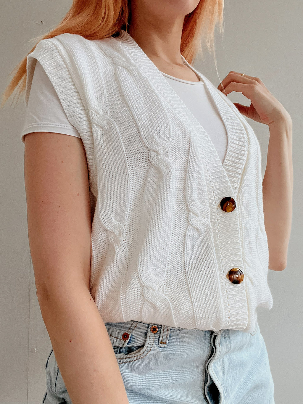 Gilet vintage sans manche en maille blanc L