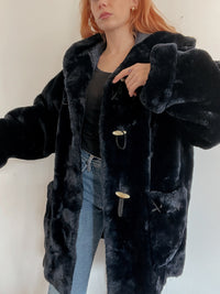 Vintage dunkelblauer Kunstpelzmantel mit Kapuze M/L