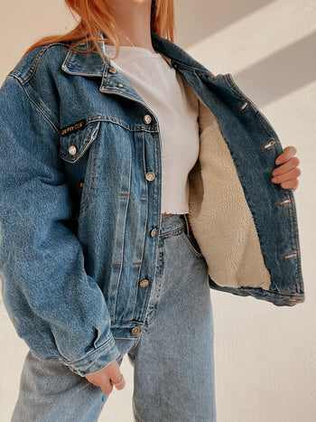 Veste en jeans vintage bleue intérieur mouton L