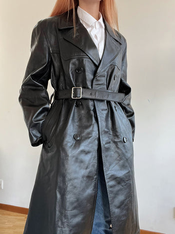 Trench coat noir vintage en cuir M/L