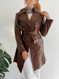 Trench en cuir mi-long marron M/L