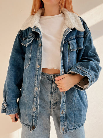 Vintage blaue Jeansjacke mit Schaffell-Innenseite L