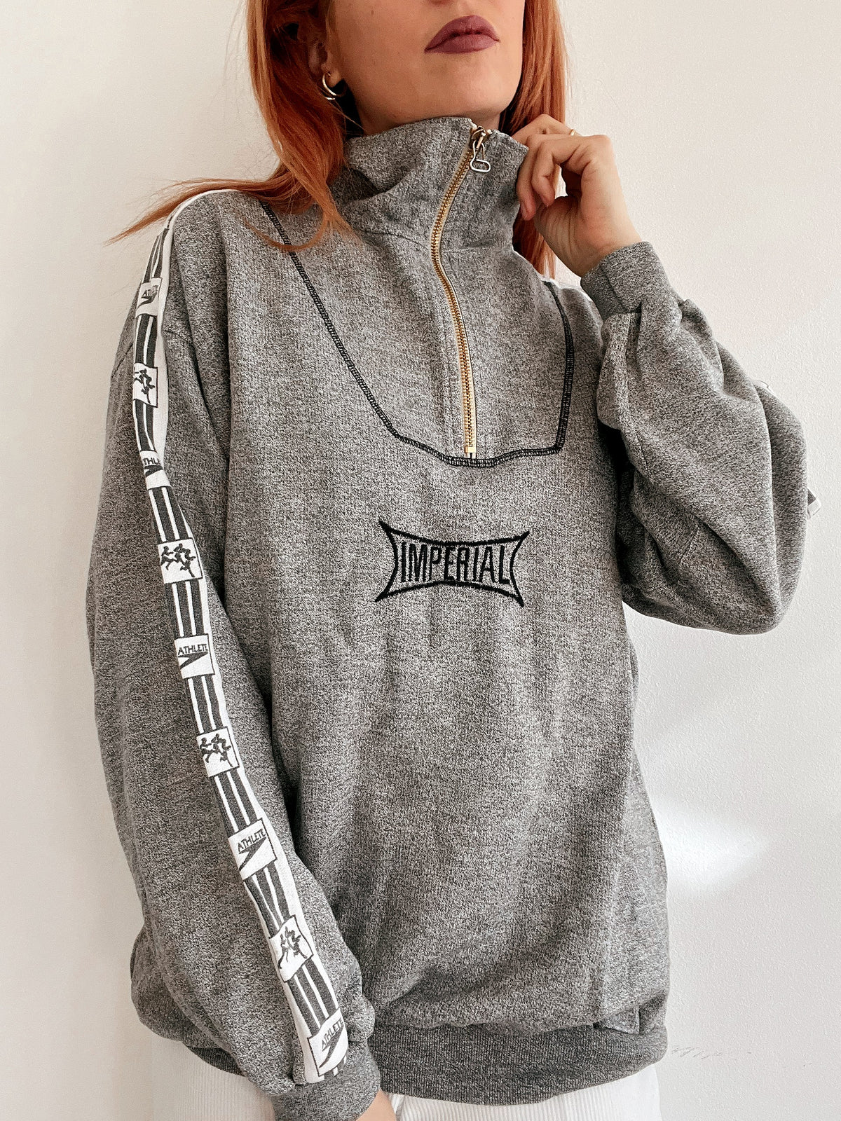 Dunkelgrauer Vintage-Pullover mit Reißverschluss L
