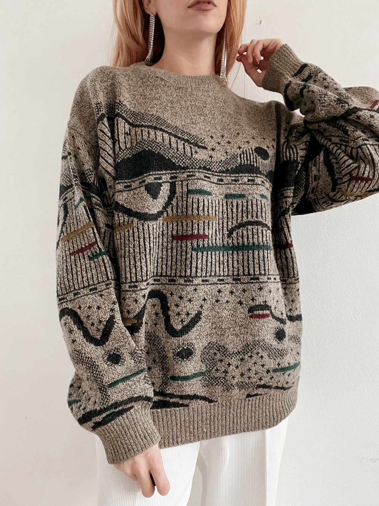 Pull vintage en laine taupe à motifs XL