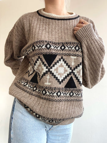 Pull vintage en laine beige à motifs