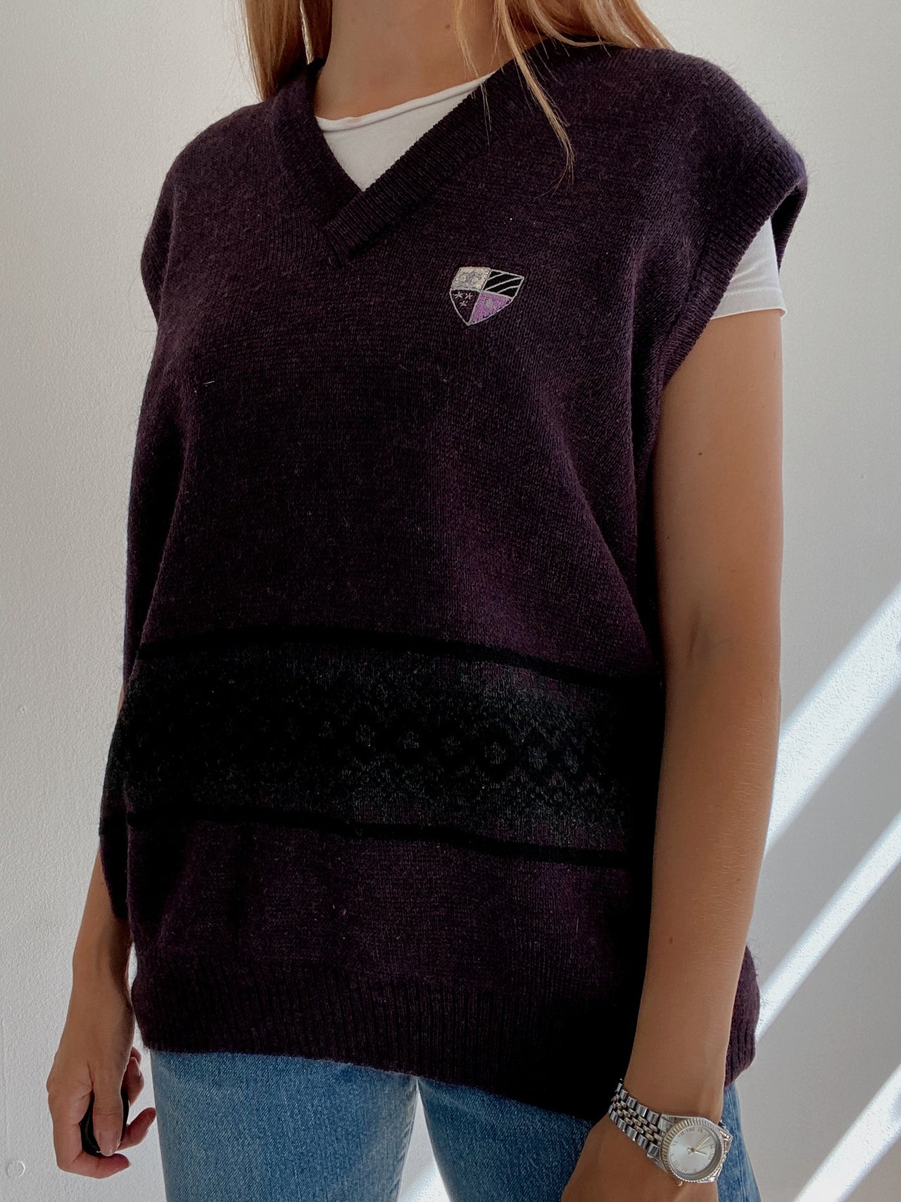 Gilet vintage sans manche en laine violet foncé