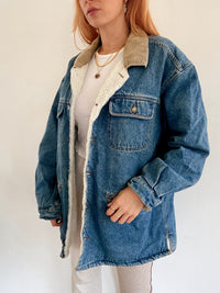 Veste en jeans vintage mi-longue oversized intérieur mouton M/L