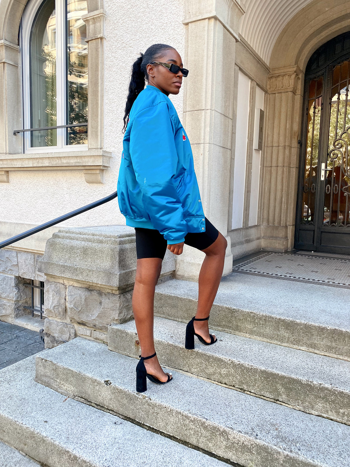 Veste bomber rare turquoise Holy Child XL oversized brodée