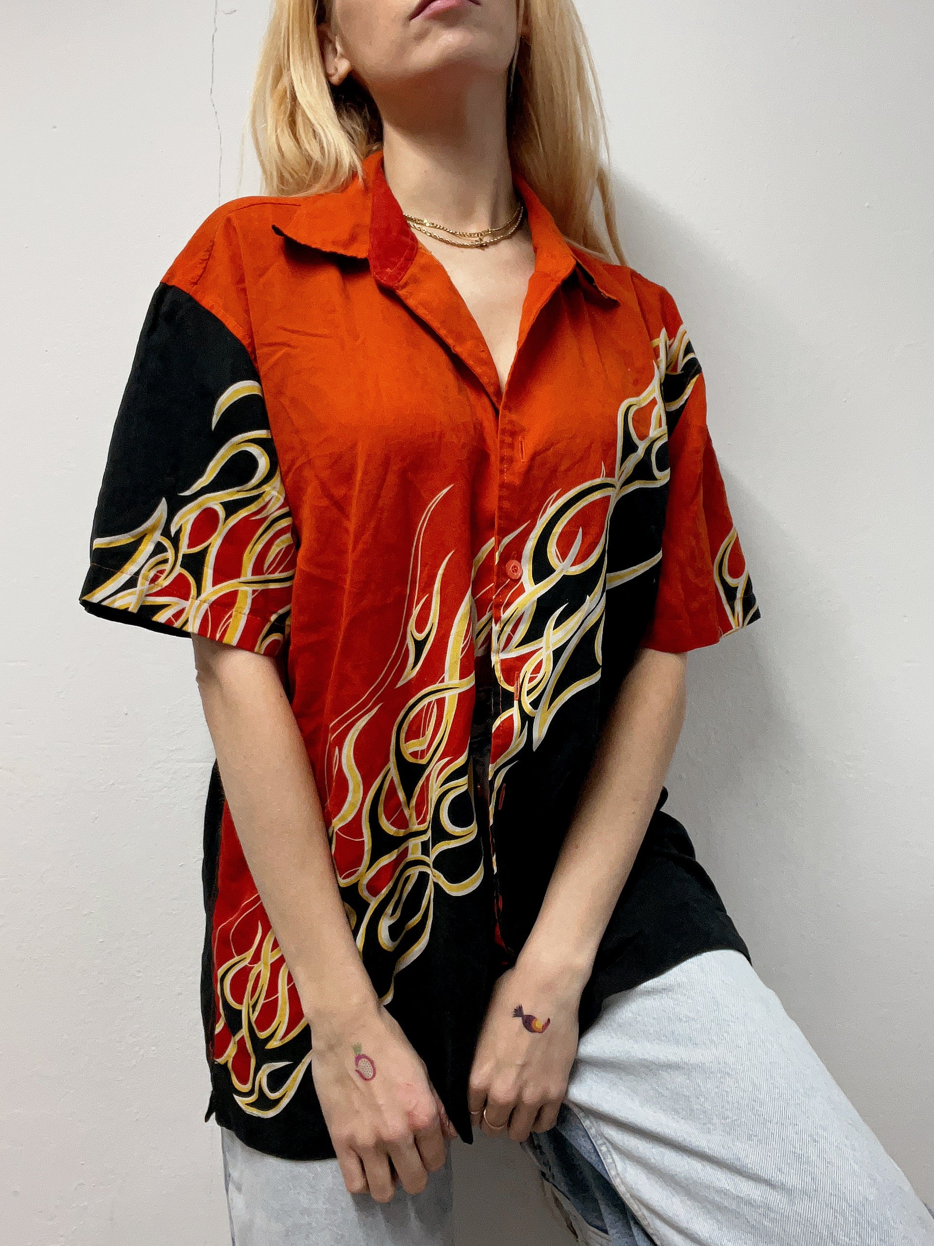 Chemise vintage orange et noir flamme XL
