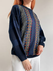 Pull vintage en laine bleu foncé à motifs colorés S/M