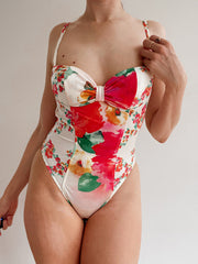 Vintage white and pink floral one-piece swimsuit M