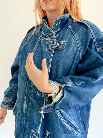 Veste en jeans vintage mi-longue oversized intérieur mouton M