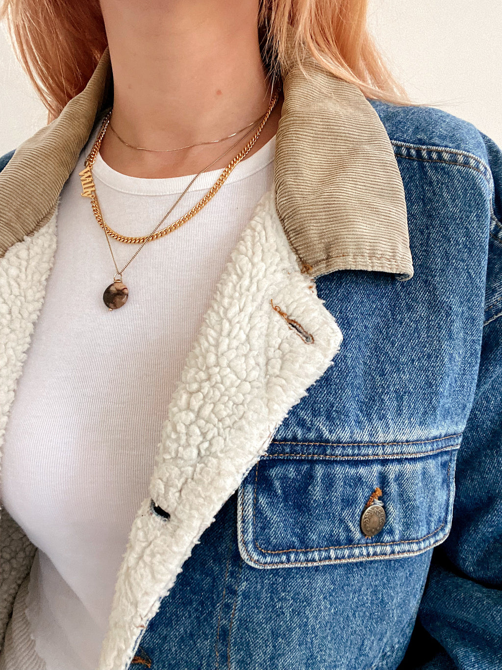 Veste en jeans vintage mi-longue oversized intérieur mouton M/L
