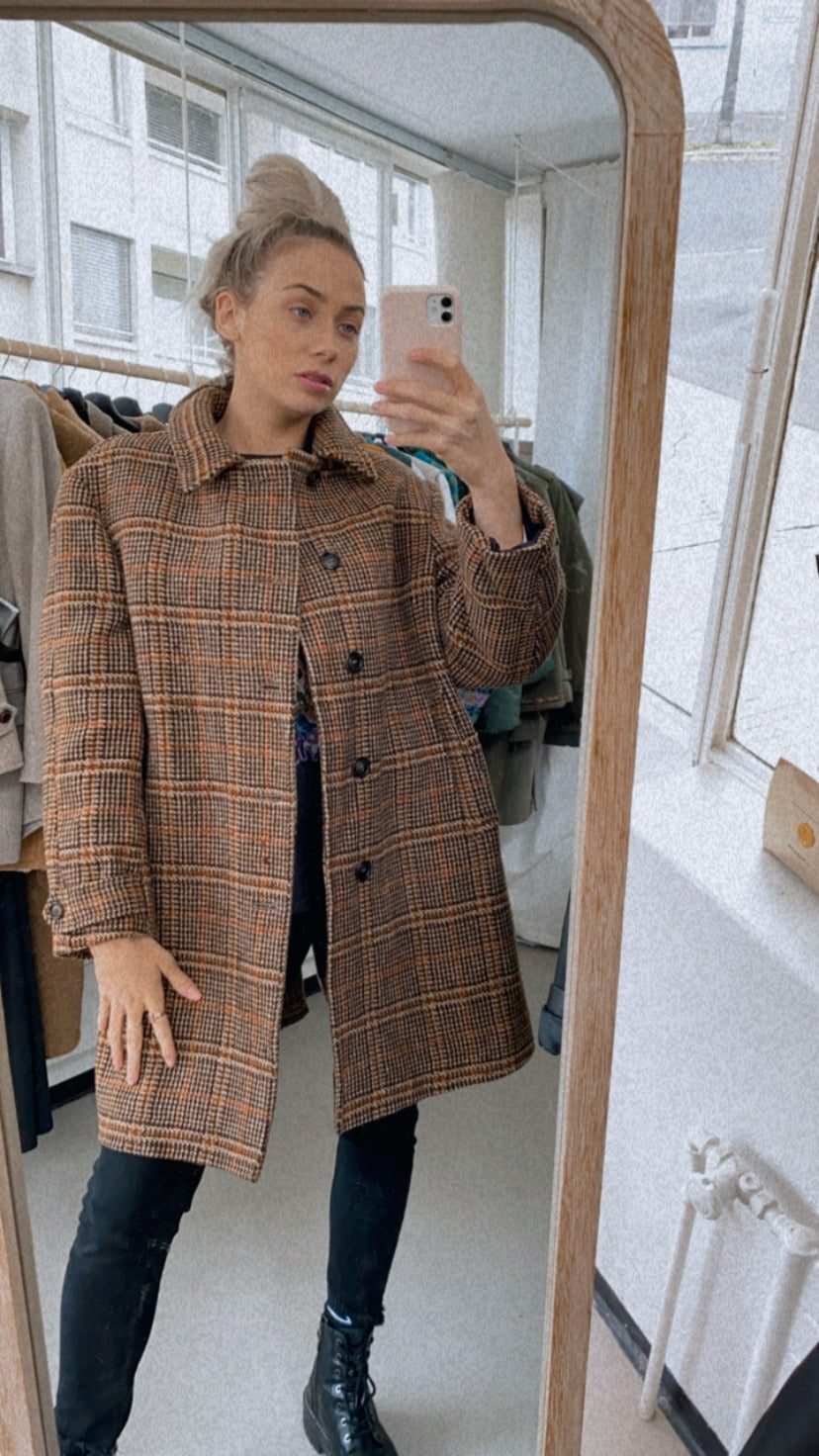 Manteau en laine à carreaux beiges M