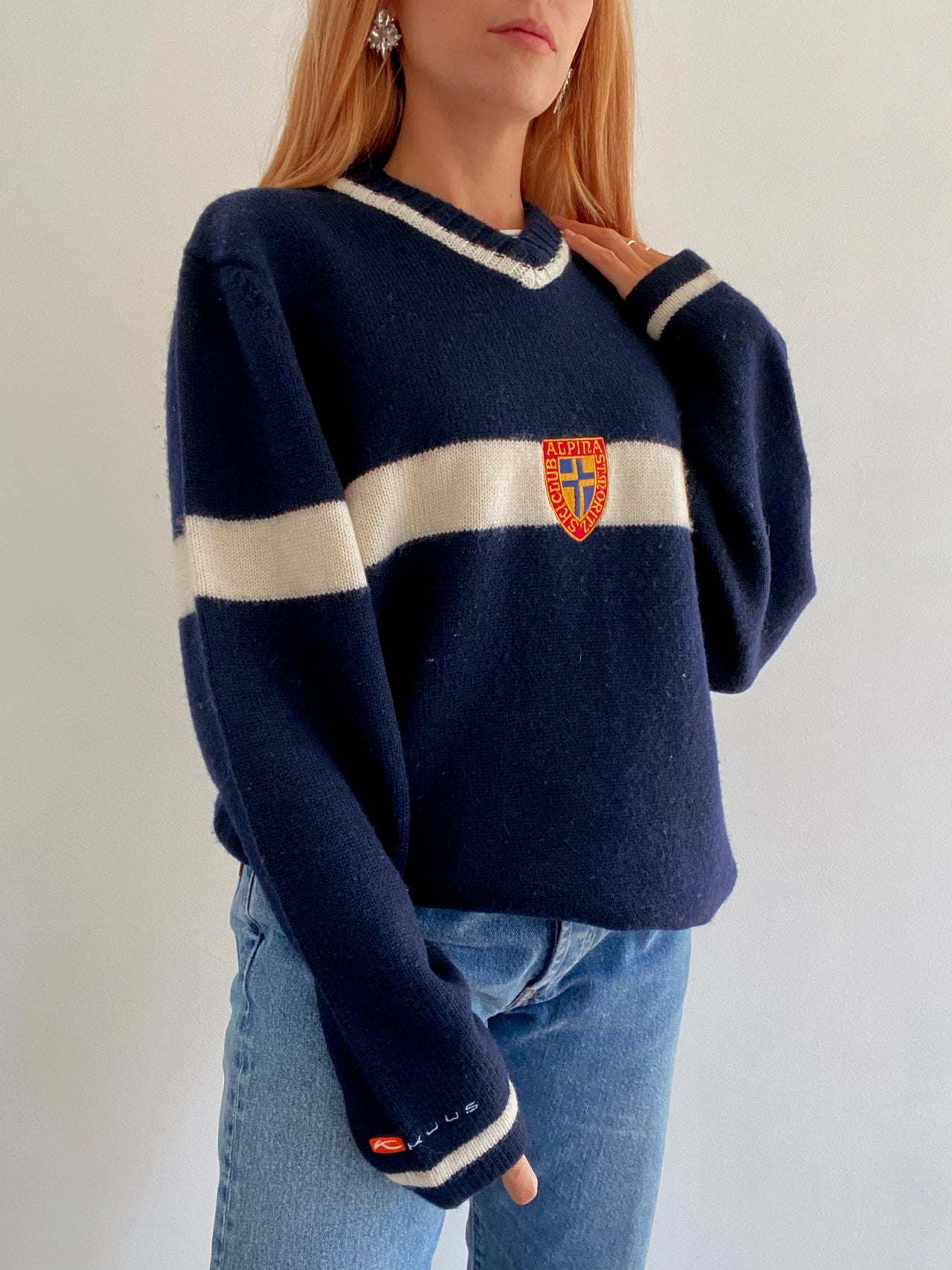 Pull vintage en laine bleu foncé  L