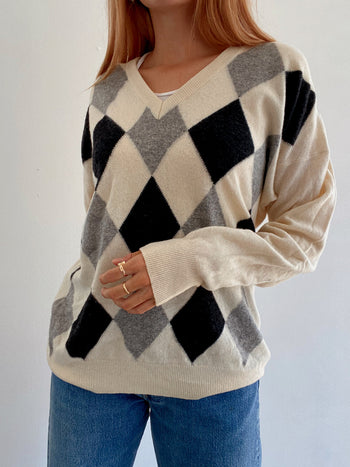 Pull vintage en laine blanc cassé et gris   L