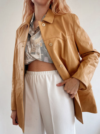 Veste en cuir mi-long camel M