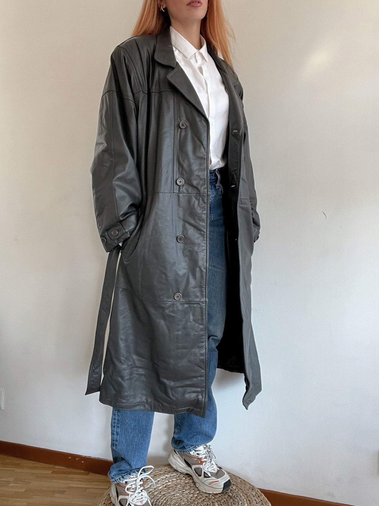 Trench coat gris vintage en cuir L