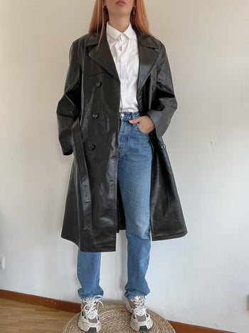 Trench coat noir vintage en cuir M/L