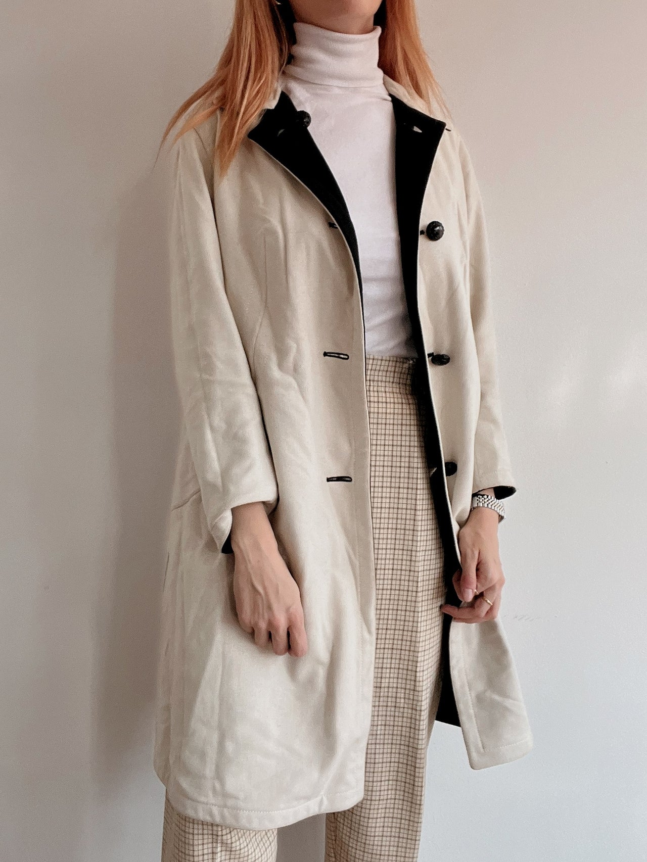 Manteau en laine vintage blanc cassé et noir réversible S