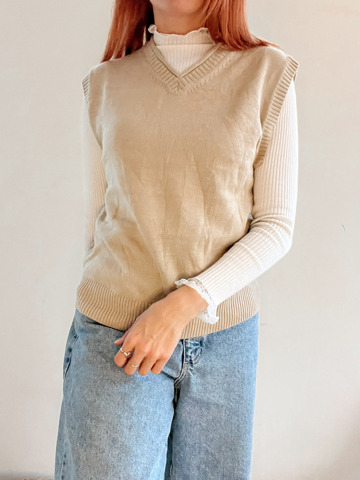 Gilet vintage en maille beige M