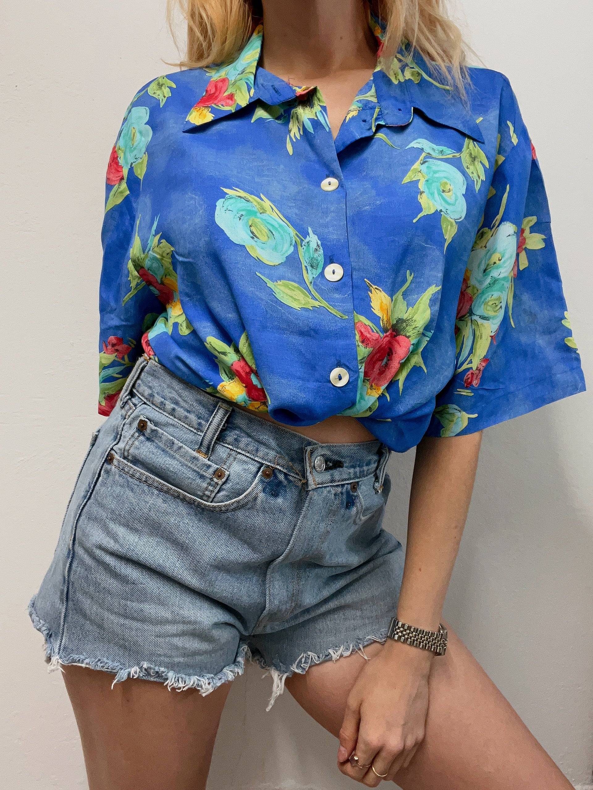 Chemise vintage 80’s 90’s bleue à motifs M