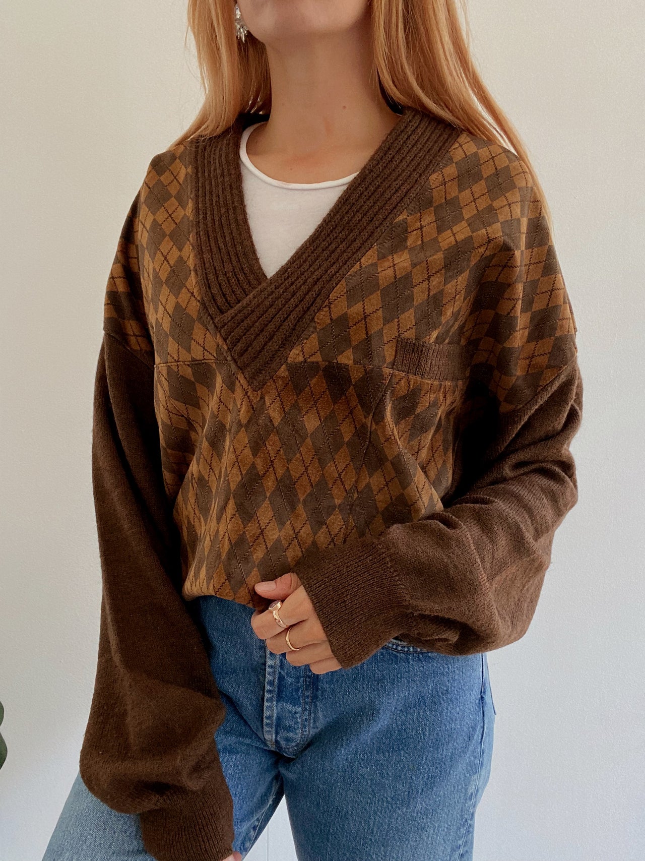 Pull vintage en laine et daim marron