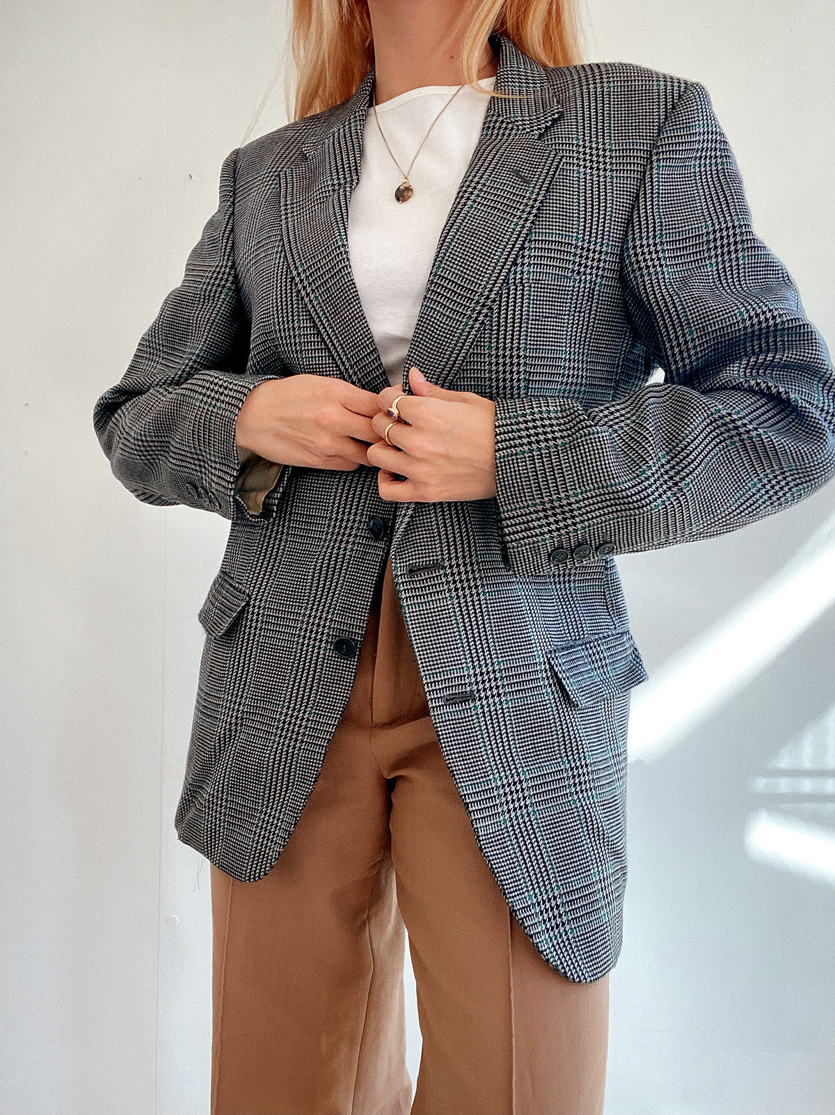 Veste Blazer oversized vintage pied de poule gris, noir et vert