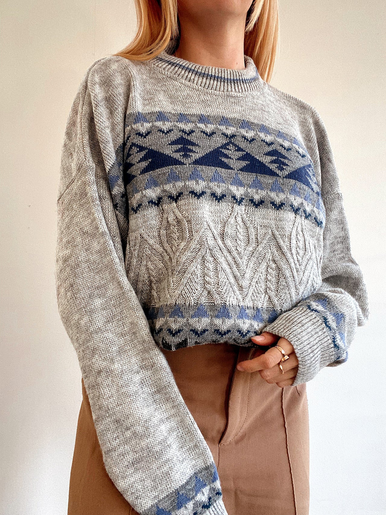 Pull vintage en laine gris et bleu