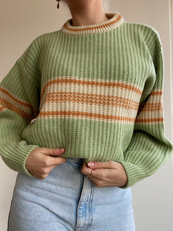 Pull vintage en maille vert et orange