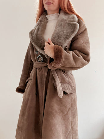 Manteau en mouton retourné brun/taupe extérieur daim M/L