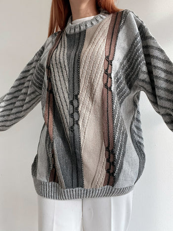 Pull vintage en laine gris et beige  M