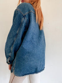 Veste en jeans vintage mi-longue oversized intérieur mouton M/L