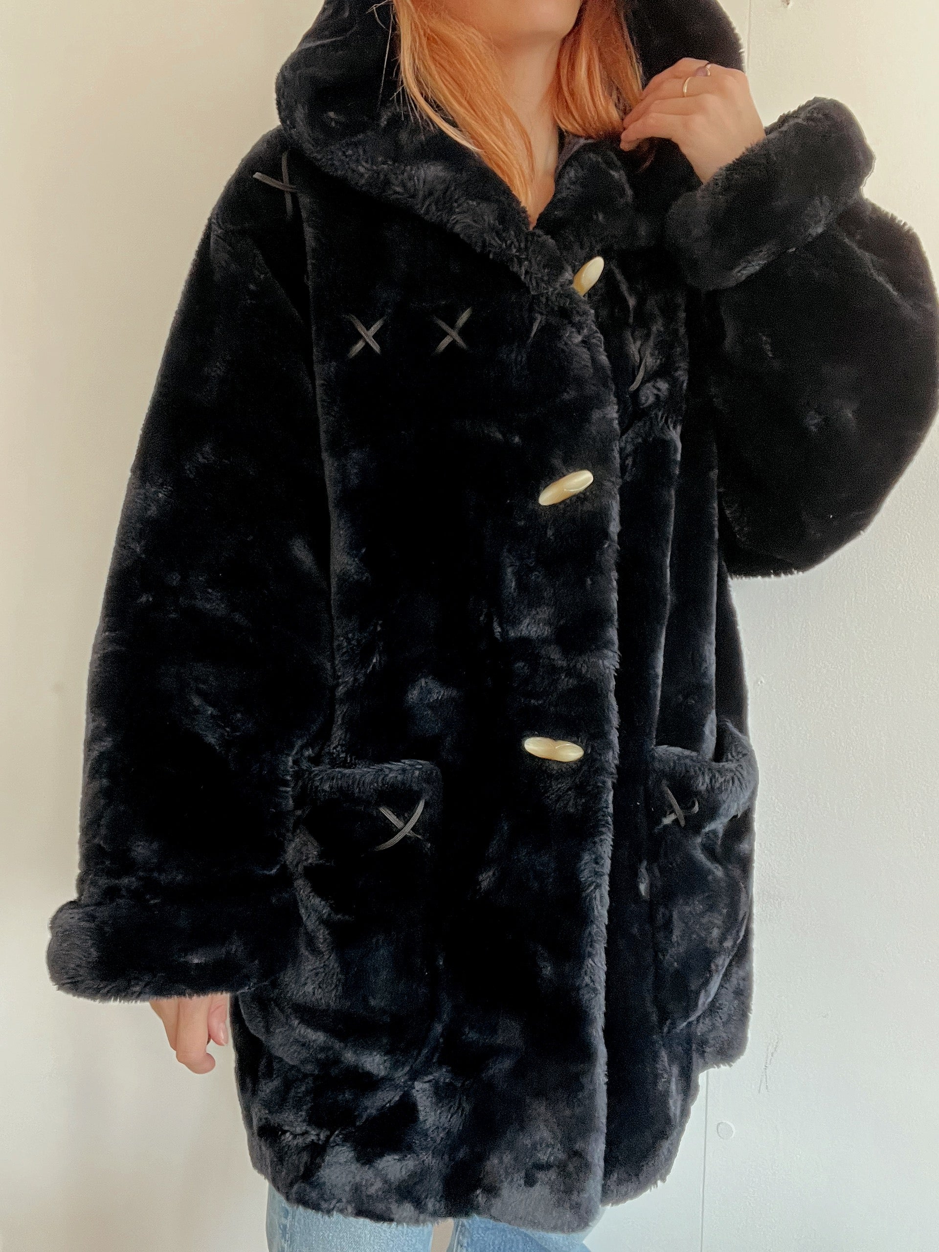 Vintage dunkelblauer Kunstpelzmantel mit Kapuze M/L