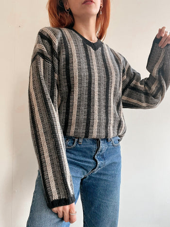 Pull vintage en maille  gris à rayures M